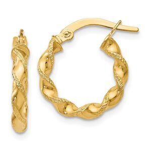 2.5mm 10k Yellow Gold Polished & Textured Twisted Hoops, 15mm